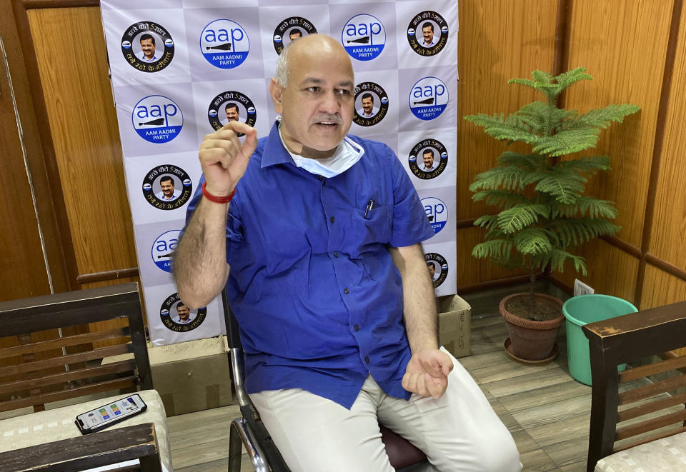 Acting health minister of India's capital New Delhi Manish Sisodia speaks during an interview with The Associated Press in New Delhi, India, Saturday, June 27, 2020. Sisodia said Saturday that New Delhi is facing a shortage of “trained and experienced” health care workers, providing a major challenge in a city that is the epicenter of the country's coronavirus outbreak. (AP Photo/Shonal Ganguly)