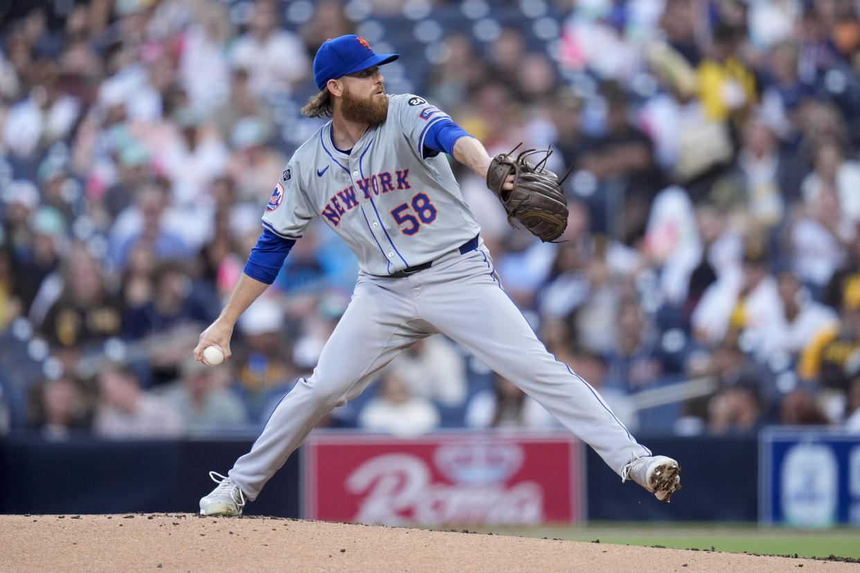 New York Mets starting pitcher Paul Blackburn works against a San Diego Padres batter during the first inning of a baseball game Friday, Aug. 23, 2024, in San Diego. (AP Photo/Gregory Bull)