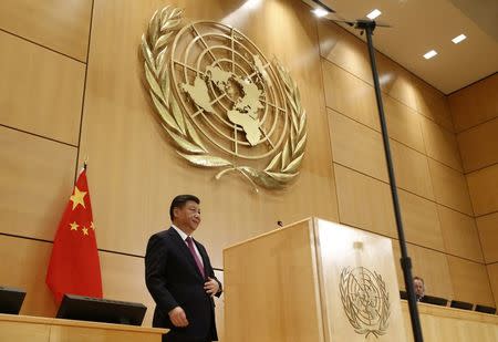 Chinese President Xi Jinping delivers a speech during a high-level event in the Assembly Hall at the United Nations European headquarters in Geneva, Switzerland, January 18, 2017. REUTERS/Denis Balibouse