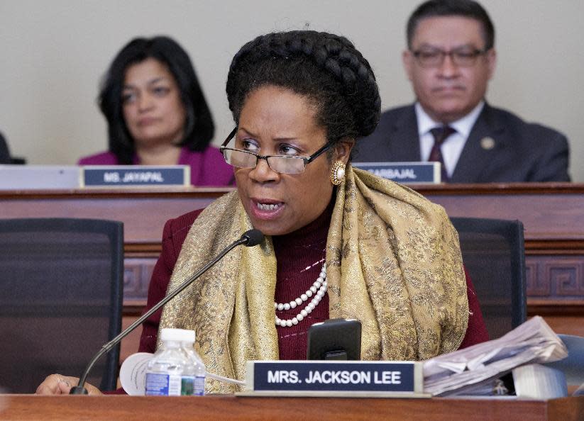 Rep. Sheila Jackson Lee, D-Texas, opposes the Republican health care bill during work by the House Budget Committee, on Capitol Hill in Washington, Thursday, March, 16, 2017. (AP Photo/J. Scott Applewhite)