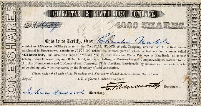 This is an image of a stock certificate from the Gibraltar and Flat Rock Land and Canal Company, circa 1840. After the canal portion of the project failed in 1838, the land portion continued to sell lots – populating areas along the route including Flat Rock. ()