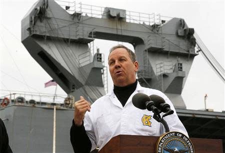 Captain of the MV Cape Ray, Rick Jordan, speaks to the press before its deployment from the NASSC0-Earl Shipyard in Portsmouth, Virginia, January 2, 2014. REUTERS/Larry Downing