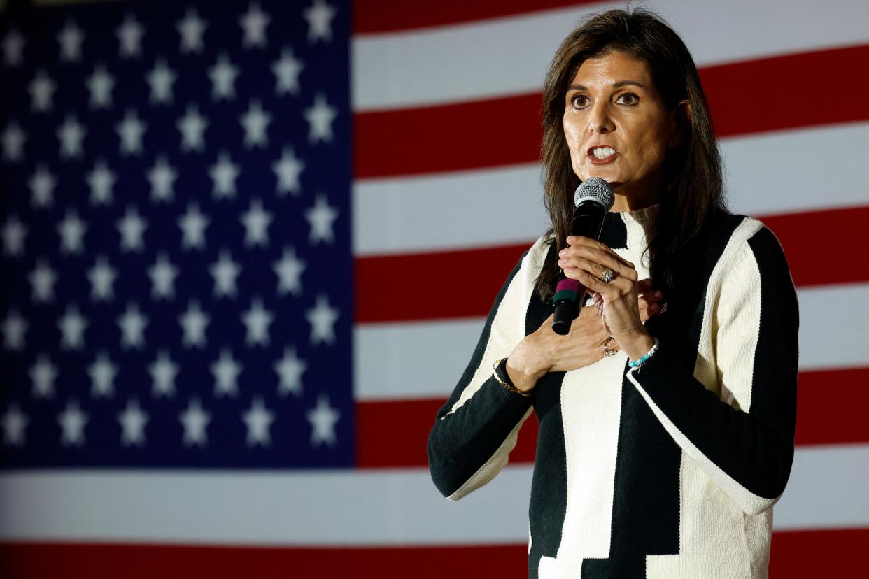 US Republican Presidential hopeful and former UN Ambassador Nikki Haley speaks during a campaign rally in Troy, Michigan, on February 25, 2024. (Photo by JEFF KOWALSKY / AFP)