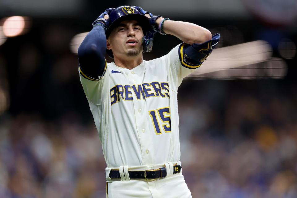 The Brewers' Tyrone Taylor reacts after lining out in the fifth inning.