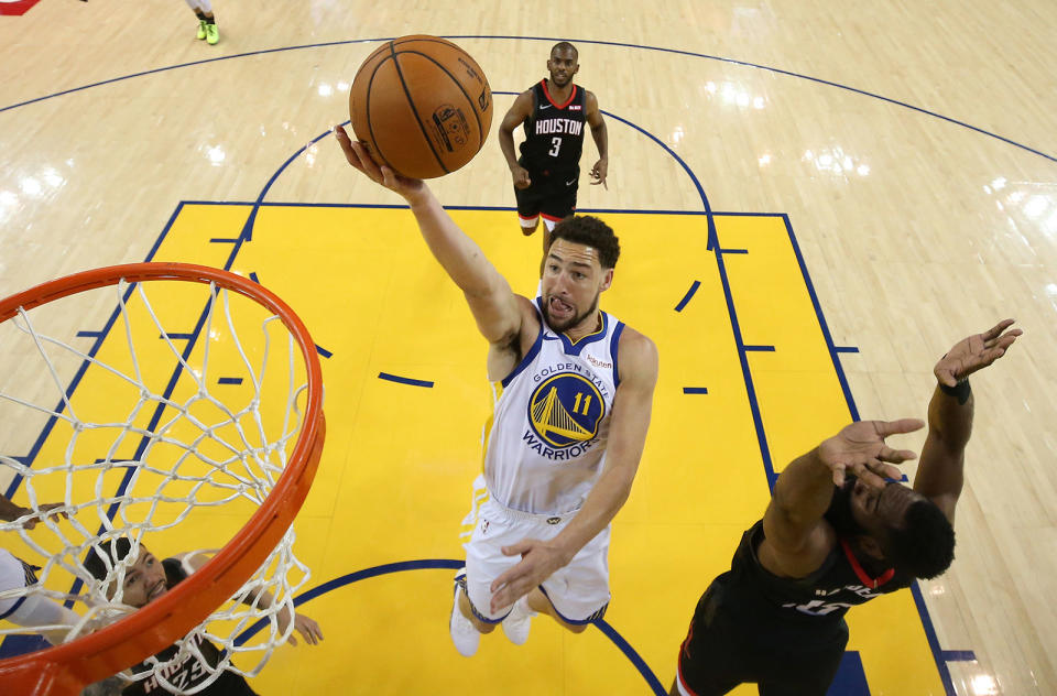 Klay Thompson of the Golden State Warriors goes up for a shot during Game Five of the Western Conference Semifinals of the 2019 NBA Playoffs on May 8, 2019, in Oakland.