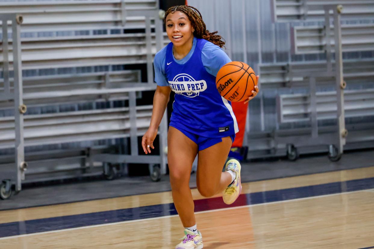 Sania Richardson runs drills during a Grind Prep basketball practice at the Oklahoma Athletic Center in Oklahoma City, on Monday, April 1, 2024.