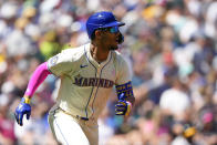 Seattle Mariners' Julio Rodríguez watches his two-run home run against the Oakland Athletics during the second inning of a baseball game Sunday, May 12, 2024, in Seattle. (AP Photo/Lindsey Wasson)