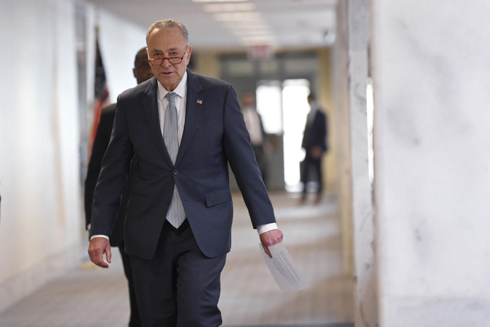 Senate Minority Leader Chuck Schumer arrives for a meeting on Capitol Hill on March 20. (Photo: AP Photo/Susan Walsh)