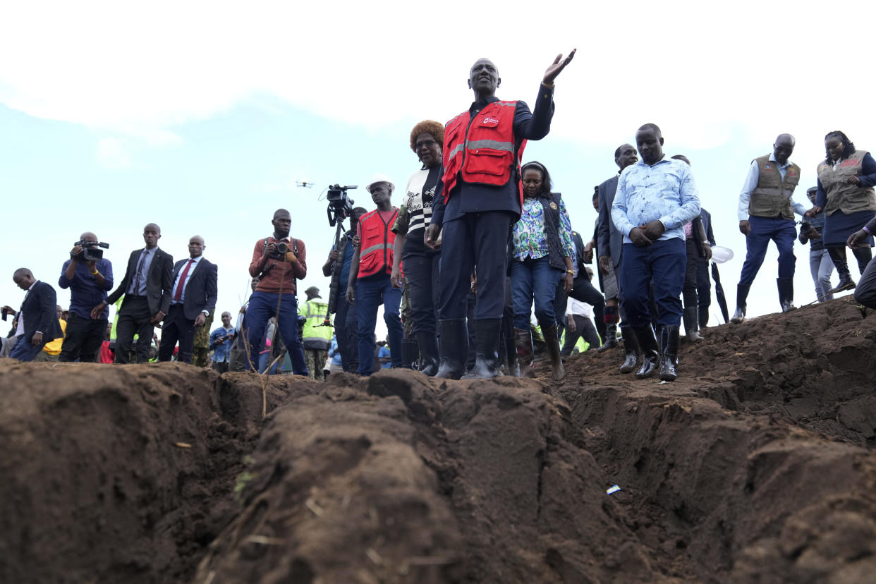 Kenyan President William Ruto gestures while visiting an area where floodwater washed away houses and people in Kamuchiri Village, Nakuru County, Kenya, April 30, 2024. / Credit: Brian Inganga/AP