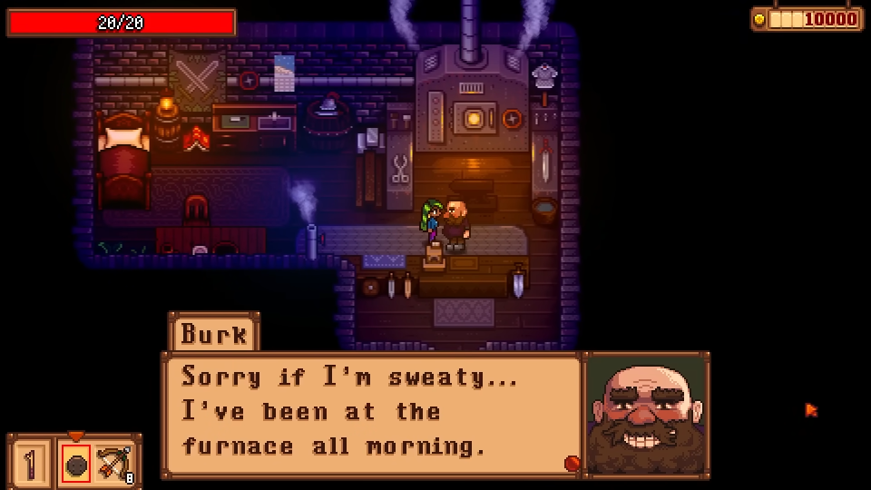 Burk talking to the player in the blacksmith in Haunted Chocolatier