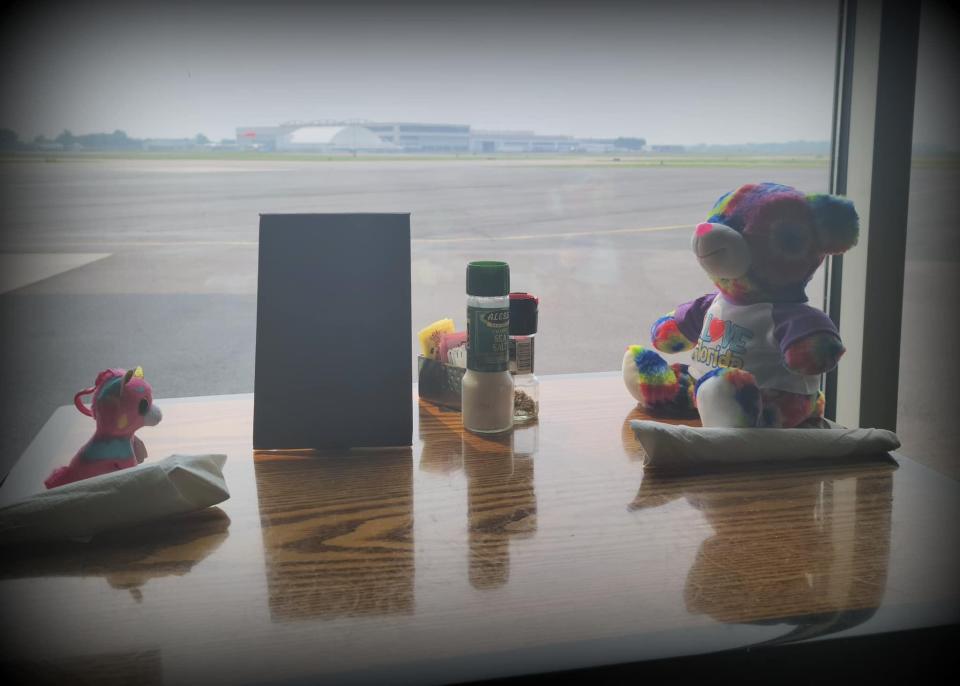 The two stuffed animals sit down for a meal at The Grille at Runways restaurant in the Rider Jet Center at Hagerstown Regional Airport. The photo was one of several posted on the airport's Facebook.