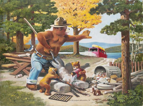 A Smokey illustration in 1995, as he puts out a forgotten campfire.