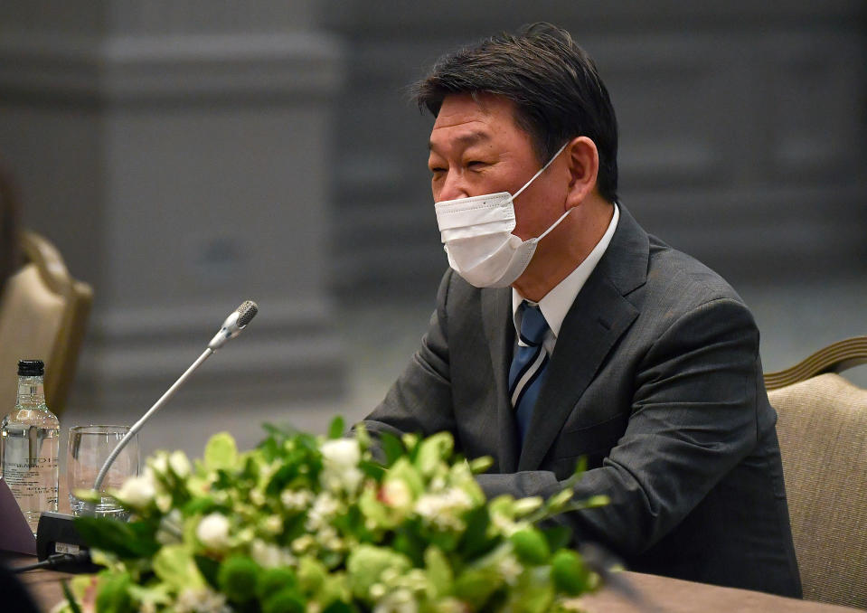 El canciller japonés Toshimitsu Motegi en la reunión del G7 en Londres el 3 de mayo del 2021. . (Ben Stansall/Pool Photo via AP)