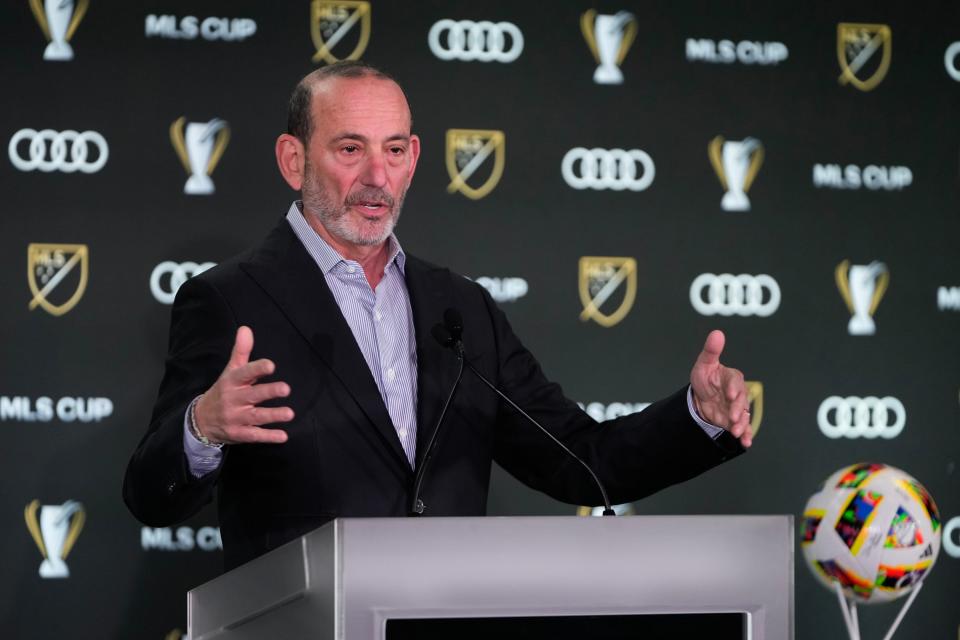 Dec 8, 2023; Columbus, OH, USA; MLS Commissioner Don Garber gives the State of the League Address and answers media questions prior to the MLS Cup presented by Audi at Lower.com Field. Mandatory Credit: Adam Cairns-USA TODAY Sports