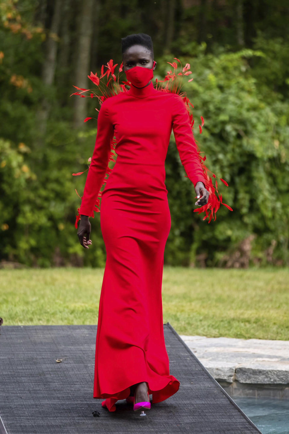 The Christian Siriano collection is modeled at Christian's home as part of New York Fashion Week, Thursday, Sept. 17, 2020, in Westport, Conn. (Photo by Charles Sykes/Invision/AP)