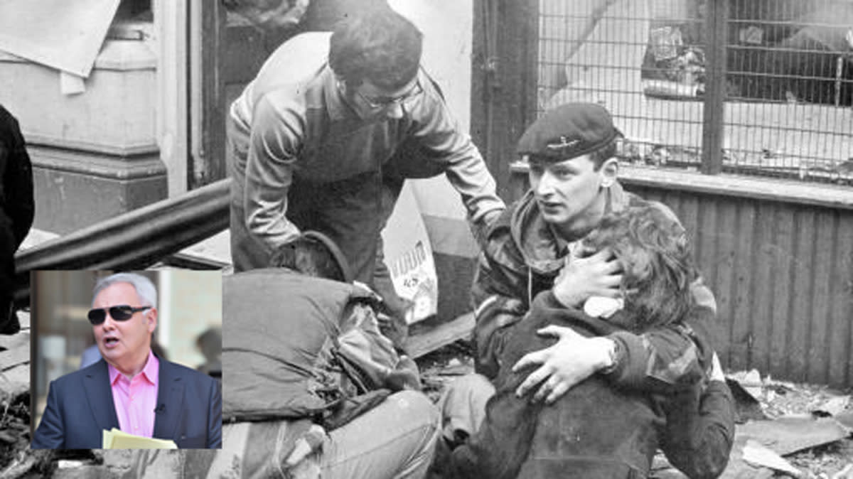 File picture of members of the Parachute Regiment comforting bomb victims in Belfast in 1972. Inset: Eamonn Holmes