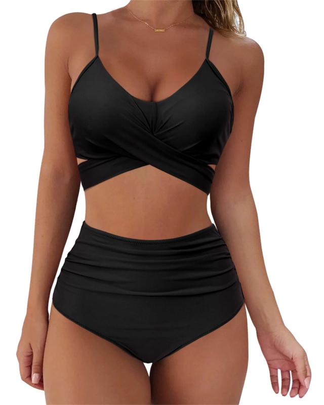 Buy Blooming Jelly Womens High Waisted Bikini Set Scoop Neck Tie Knot Two  Piece Swimsuits Criss Cross Bathing Suits, Black, M at