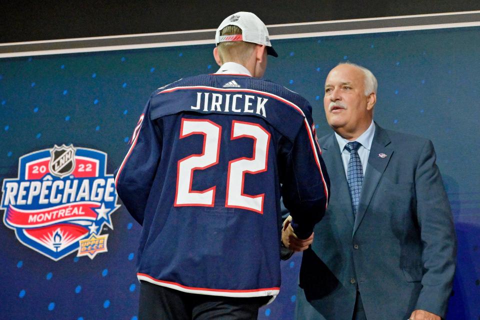 Jul 7, 2022; Montreal, Quebec, CANADA; David Jiricek after being selected as the number six overall pick to the Columbus Blue Jackets in the first round of the 2022 NHL Draft at Bell Centre.