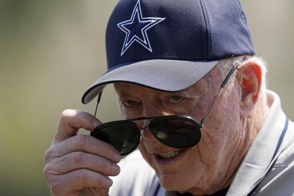 Dallas Cowboys owner Jerry Jones stands on the sidelines during the NFL football team's training camp Monday, July 31, 2023, in Oxnard, Calif. (AP Photo/Mark J. Terrill)