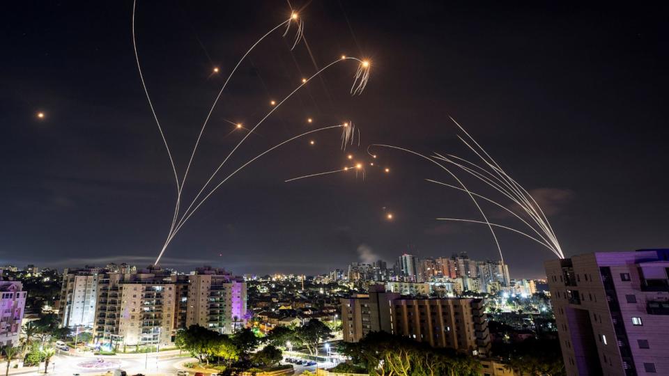 PHOTO: Israel's Iron Dome anti-missile system intercepts rockets launched from the Gaza Strip, as seen from Ashkelon in southern Israel, on Oct. 8, 2023. (Amir Cohen/Reuters)