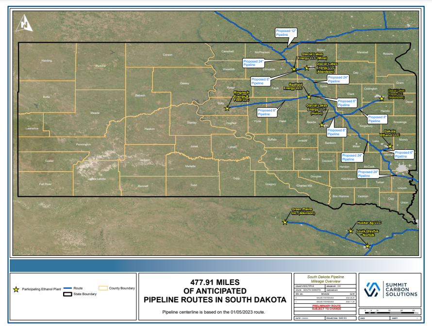 Map of Summit Carbon Solutions' Midwest Carbon Express pipeline route.