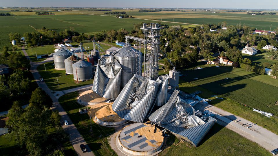 Damaged grain bins seen on August 11, 2020 in Luther, Iowa, a day after the windstorm. - Daniel Acker/Getty Images/File