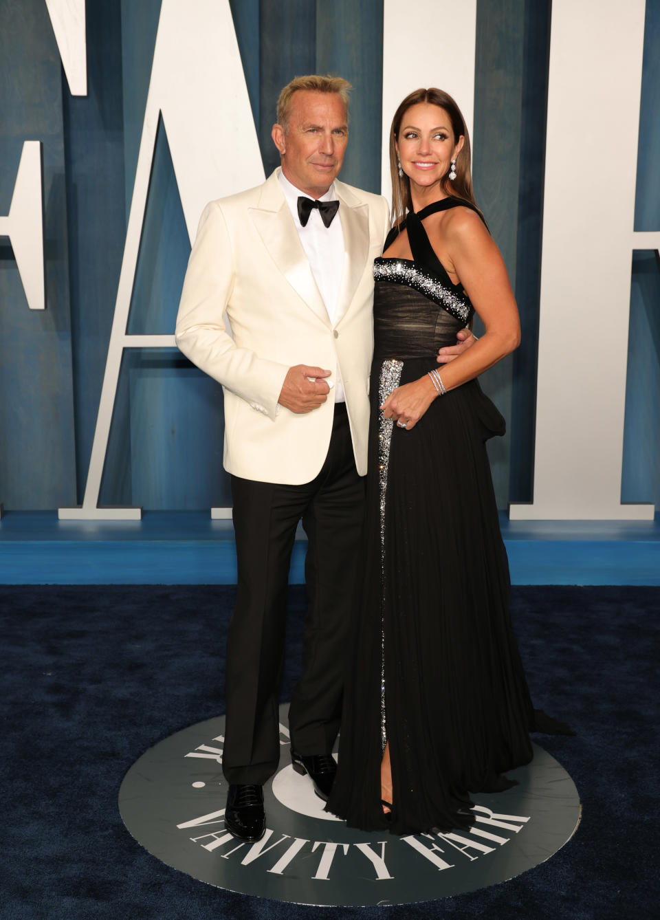 Kevin Costner and Christine Baumgartner at the Vanity Fair Oscar Party held at the Wallis Annenberg Center for the Performing Arts on March 27th, 2022 in Beverly Hills, California. (Photo by Rich Polk/Variety/Penske Media via Getty Images)