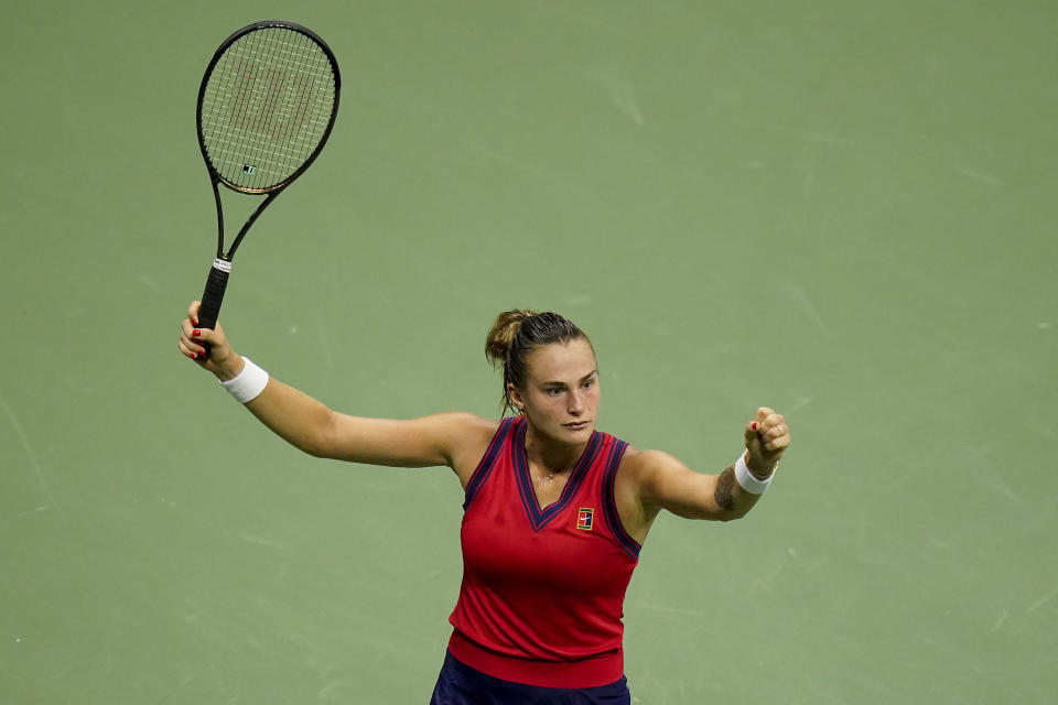 Aryna Sabalenka,of Belarus, reacts after scoring a point against Leylah Fernandez, of Canada, during the semifinals of the US Open tennis championships, Thursday, Sept. 9, 2021, in New York. (AP Photo/Frank Franklin II)