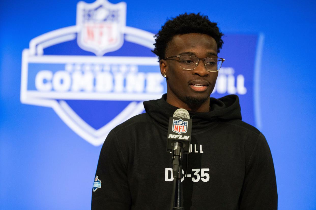 Michigan defensive back Mike Sainristil talks to the media during the 2024 NFL combine on Thursday, Feb. 29, 2024, in Indianapolis.