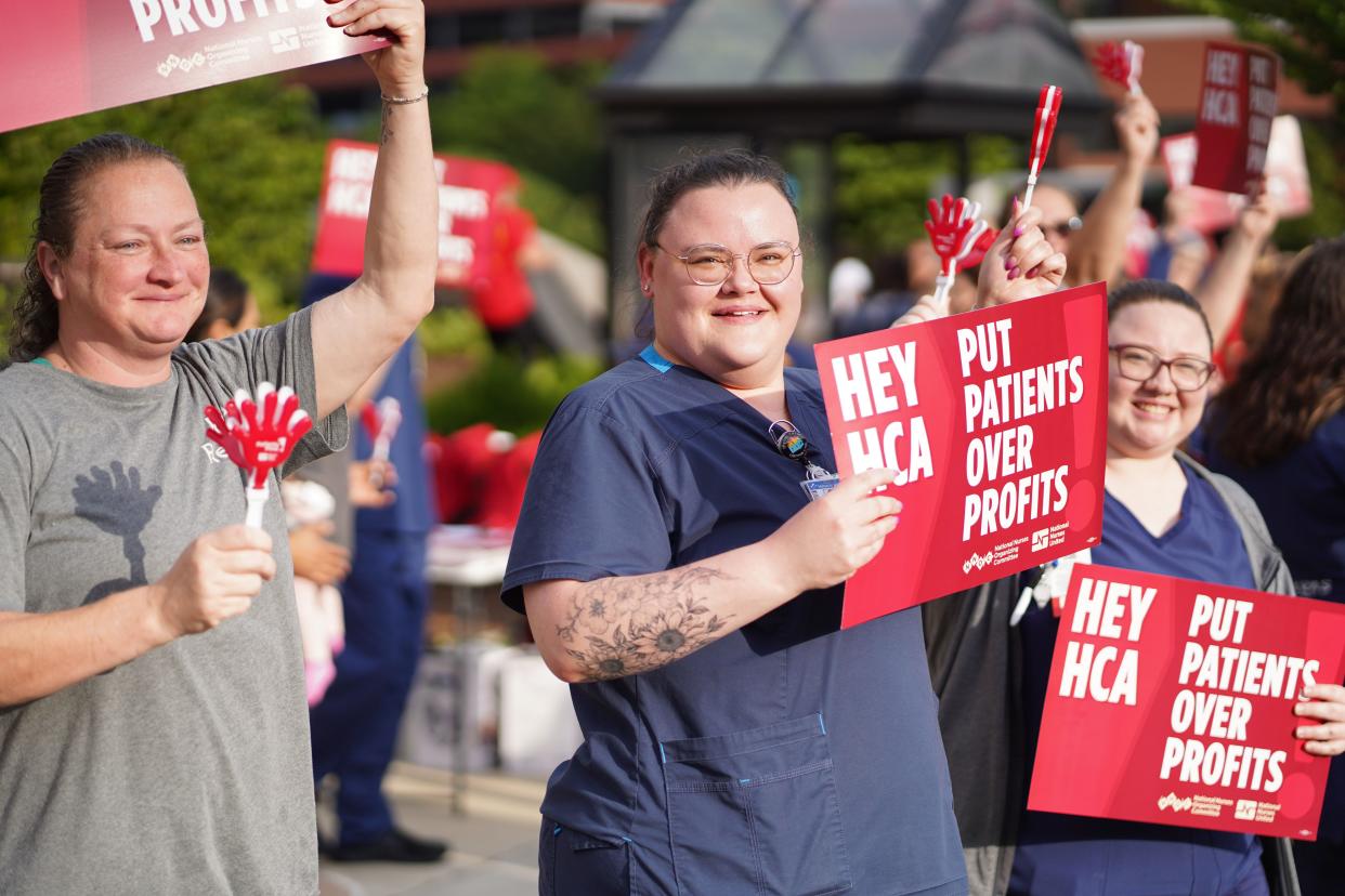 Mission nurses rally on June 5, 2024, in support of their new contract demands.