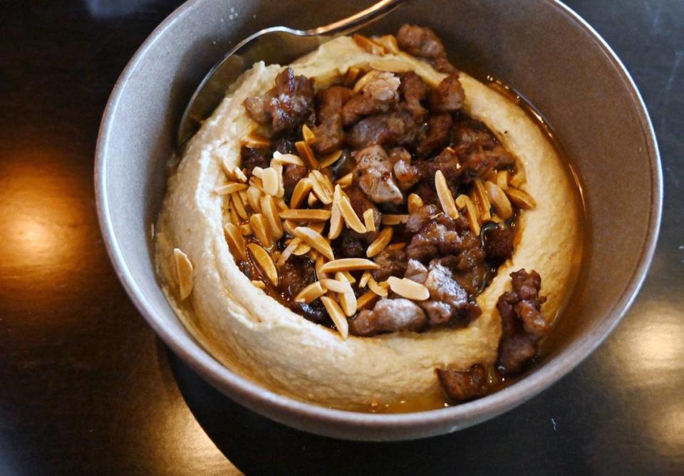 Hummus with diced steak and almonds from Zaatar Bistro.
