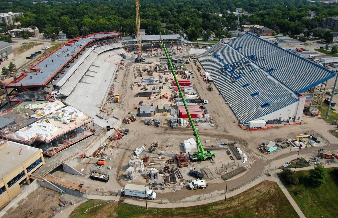 The view looking north at the construction at David Booth Kansas Memorial Stadium.