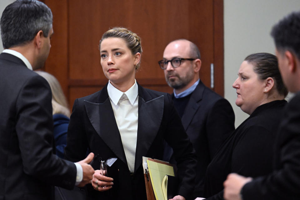 Actor Amber Heard in the courtroom at the Fairfax County Circuit Court in Fairfax, Va., Tuesday May 3, 2022. Actor Johnny Depp sued his ex-wife Amber Heard for libel in Fairfax County Circuit Court after she wrote an op-ed piece in The Washington Post in 2018 referring to herself as a "public figure representing domestic abuse." (Jim Watson/Pool photo via AP)