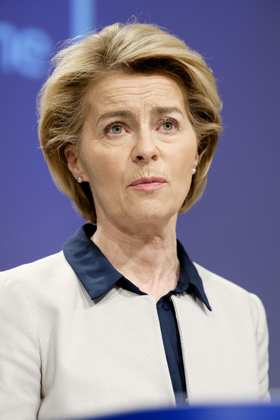 European Commission President Ursula von der Leyen speaks during a media conference at EU headquarters in Brussels, Friday, March 13, 2020. The European Union on Friday urged member countries to put in place health screening measures at their borders to slow the spread of the novel coronavirus, but warned them to coordinate their actions to ensure that people affected can still quickly get the health care they need. For most people, the new coronavirus causes only mild or moderate symptoms, such as fever and cough. For some, especially older adults and people with existing health problems, it can cause more severe illness, including pneumonia. (AP Photo/Thierry Monasse)