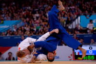 Dmytro Solovey of Ukraine and Eduardo Avila Sanchez of Mexico compete in the Men's 73kg Judo Semifinals on day 2 of the London 2012 Paralympic Games at ExCel on August 31, 2012 in London, England. (Photo by Dennis Grombkowski/Getty Images)