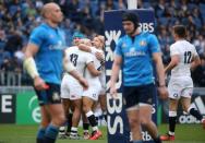 Rugby Union - Italy v England - RBS Six Nations Championship 2016 - Stadio Olimpico, Rome, Italy - 14/2/16 Jonathan Joseph celebrates with team mates after scoring the second try for England Reuters / Alessandro Bianchi Livepic