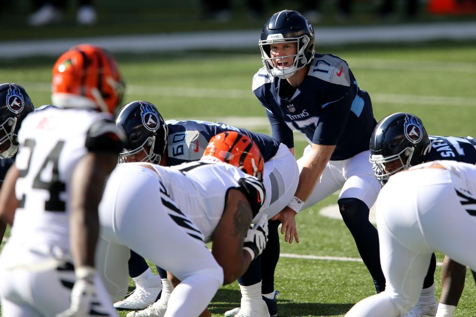 Tennessee Titans quarterback Ryan Tannehill (17) takes the snap during the first quarter of a Week 8 NFL football game against the Cincinnati Bengals, Sunday, Nov. 1, 2020, at Paul Brown Stadium in Cincinnati. 