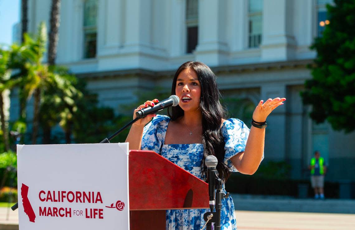 Sophia Lorey, outreach director at the California Family Council and an outspoken Christian conservative who speaks out on the issues of trans girls playing on girls’ sports teams, speaks at the California March for Life rally Monday.
