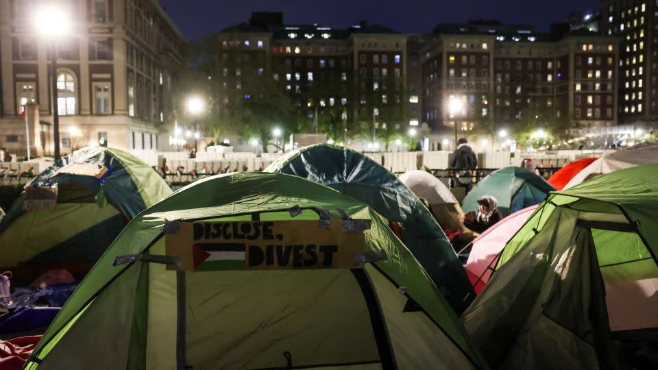 Students prepare to camp overnight as they continue to protest on Columbia University campus in support of Palestinians on April 23. - Caitlin Ochs/Reuters