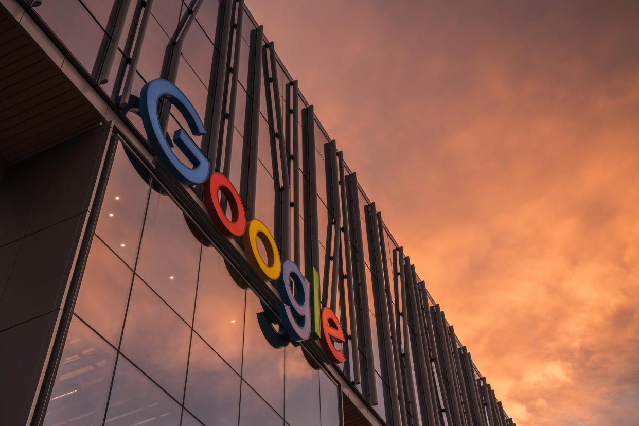 Seattle, USA - Oct 15, 2019: The entrance sign to the new Google building in the south lake union area at sunset.