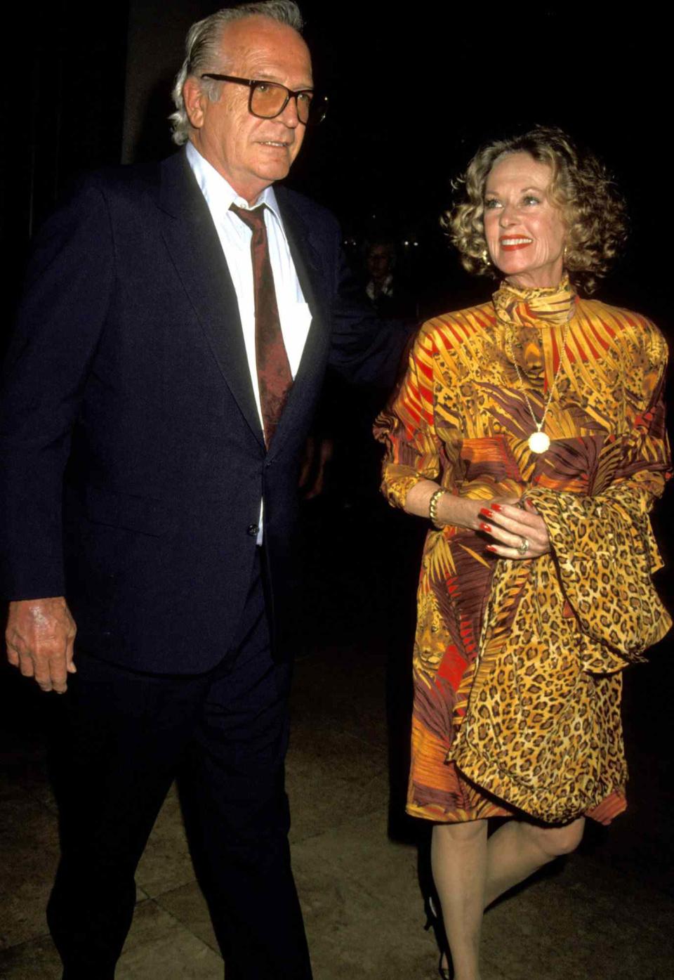 <p>Here, Hedren looks radiant in her trademark animal print in 1992 alongside her third husband, Luis Barrenechea, at a Benefit for the Scott Newman Center honoring George Schlatter in Beverly Hills. </p>