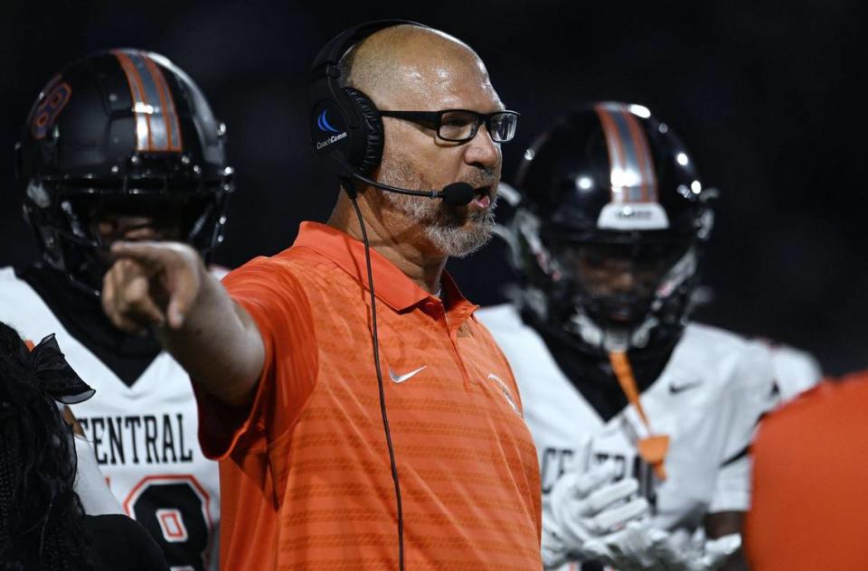 Central High’s head coach Kyke Biggs in the game against Garza Friday, Aug. 23, 2024 in Fresno.