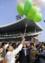 Sachin Tendulkar of India along with Sourav Ganguly of India release balloons in the air to celebrate the 199th test of Tendulkar prior during day three of the first Star Sports test match between India and The West Indies held at The Eden Gardens Stadium in Kolkata, India on the 8th November 2013. (BCCI Photo)