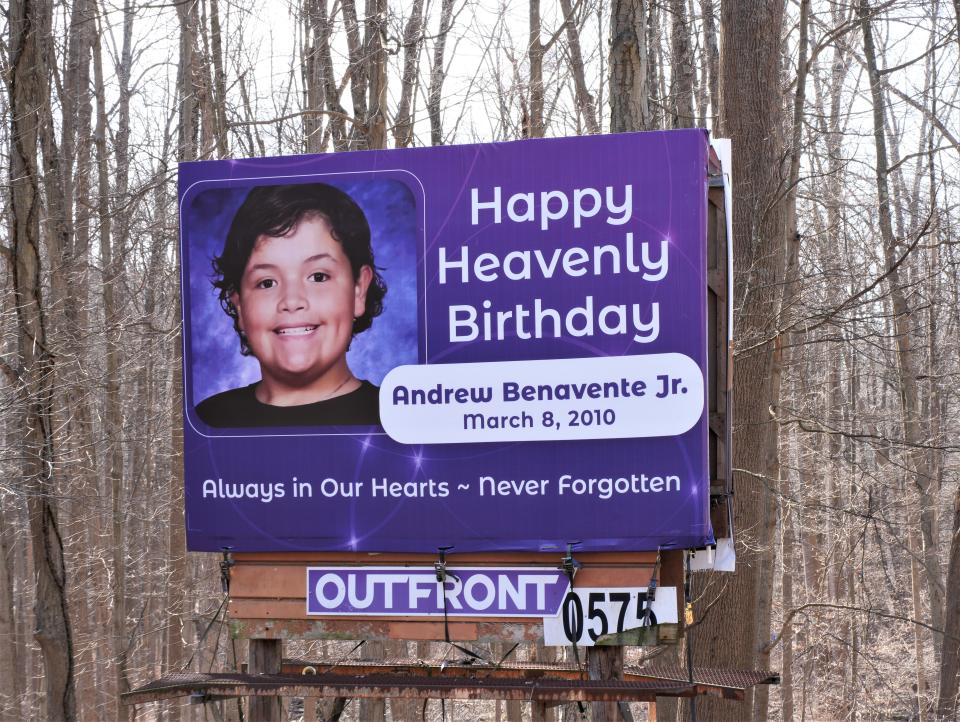 Erected by the Benavente family, this billboard sits near the scene on Newton Sparta Road where Andrew Sr., Andrew Jr., and Madelyn were killed in a May 26, 2023 head-on crash. The family has requested Sussex County rename part of the highway in memory of the trio.