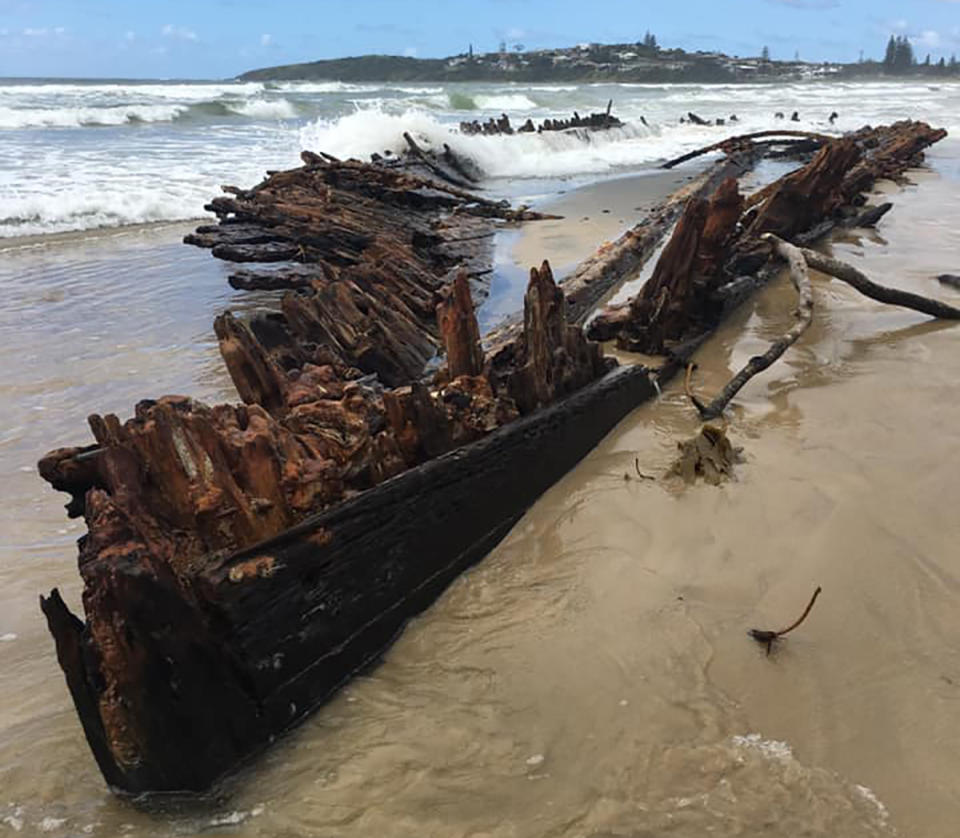 The Buster shipwreck seen at Woolgoolga Beach. 