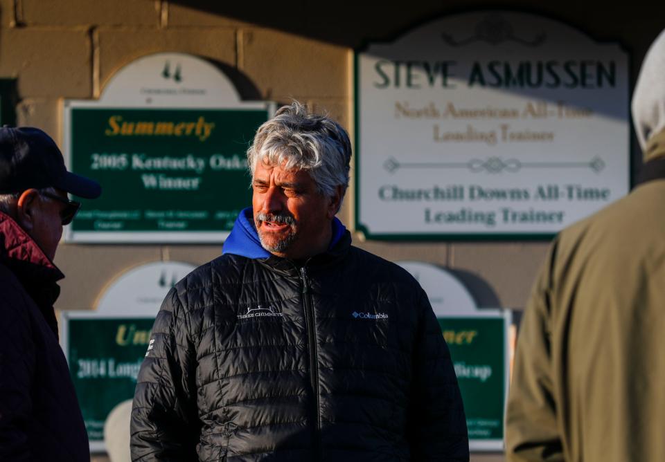 Trainer Steve Asmussen outside his barn at Churchill Downs on April 24, 2023. Asmussen, who has the colt Track Phantom in the 150th Kentucky Derby, is North America's all-time leading trainer by wins, surpassing the late Dale Baird.