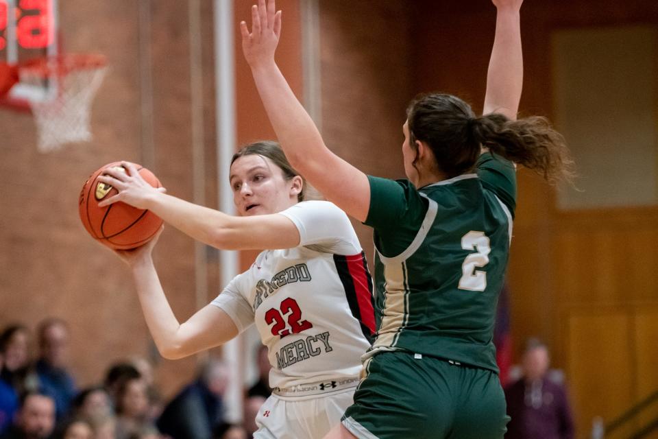 Gwynedd Mercy's Ali Kaltenbacher passes around Bishop Shanahan's Samantha Blumenthal in a PIAA District One Class 5A quarterfinal game on Feb. 20.