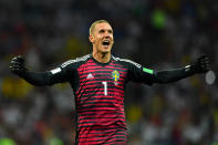 <p>Sweden’s Robin Olsen celebrates after Ola Toivonen (not pictured) scored their first goal. </p>