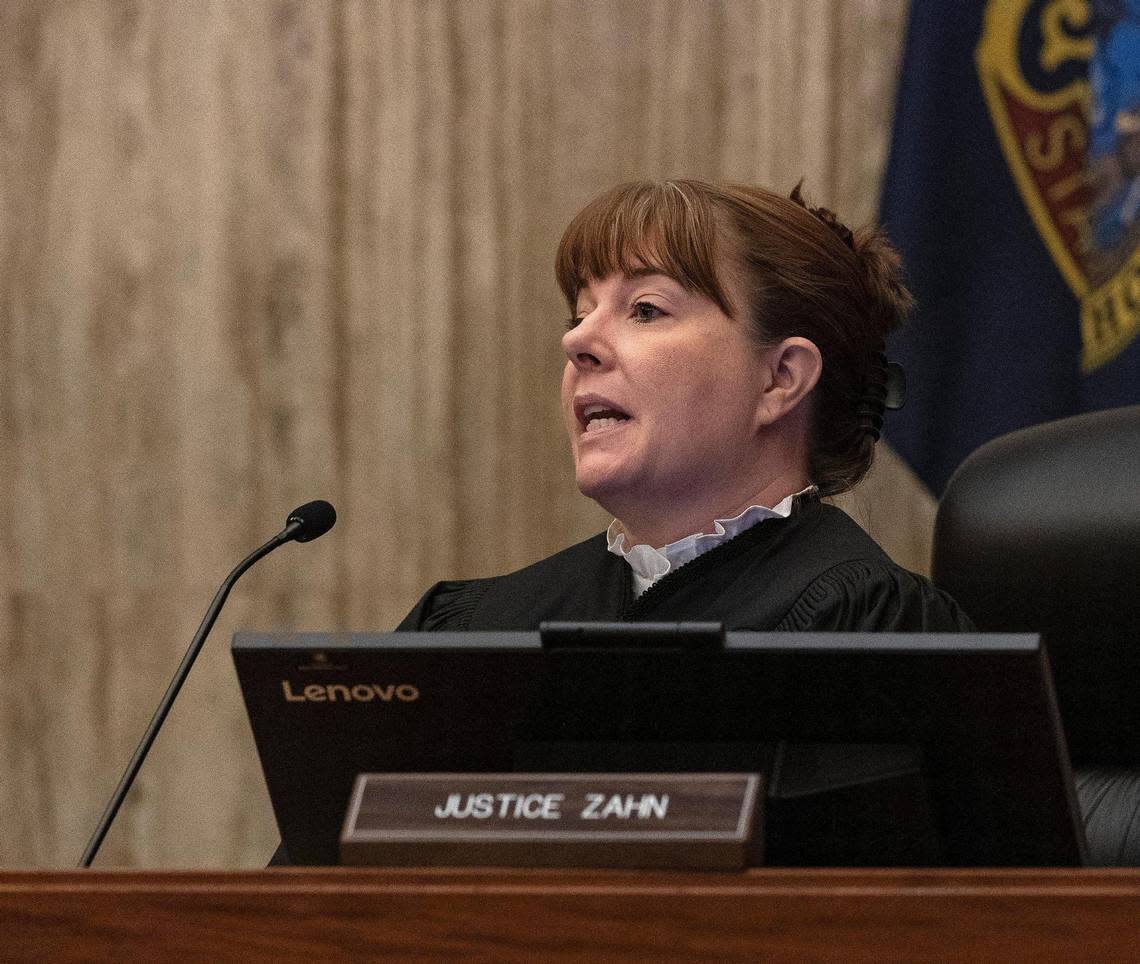 Idaho Supreme Court Justice Colleen D. Zahn asks a question to Alan Schoenfeld, a New York City lawyer who is part of the legal team representing Planned Parenthood in its lawsuits against Idaho’s abortion laws.