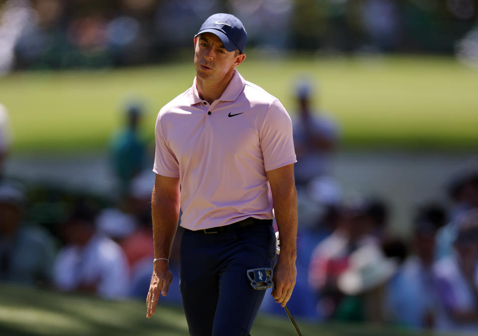 AUGUSTA, GEORGIA - APRIL 13: Rory McIlroy of Northern Ireland reacts after missing a putt on the sixth green during the third round of the 2024 Masters Tournament at Augusta National Golf Club on April 13, 2024 in Augusta, Georgia. (Photo by Jamie Squire/Getty Images) (Photo by Jamie Squire/Getty Images)